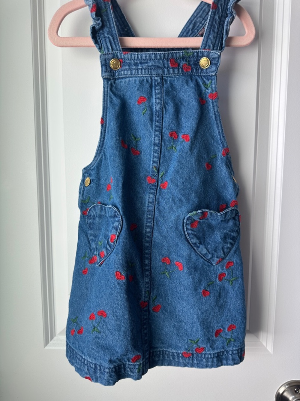 Isaac Mizrahi Blue Denim Cherry Heart-Pocket Overall Dress